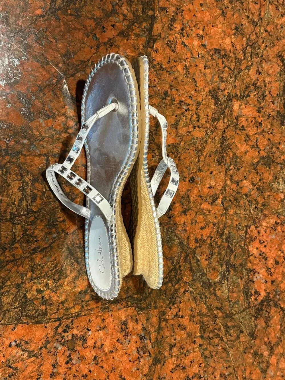 Cole Haan Kalla Thong White Leather T-Strap Rhinestone Accent Sandals, 8.5 M